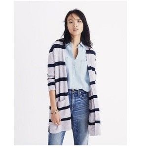 Madewell SMALL S Striped Kent Cardigan Merino Wool‎ Stripe Sweater Gray Blue